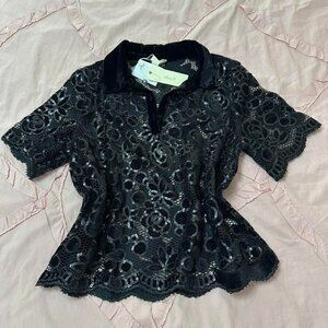 Black sequin lace blouse with velvet collar.
